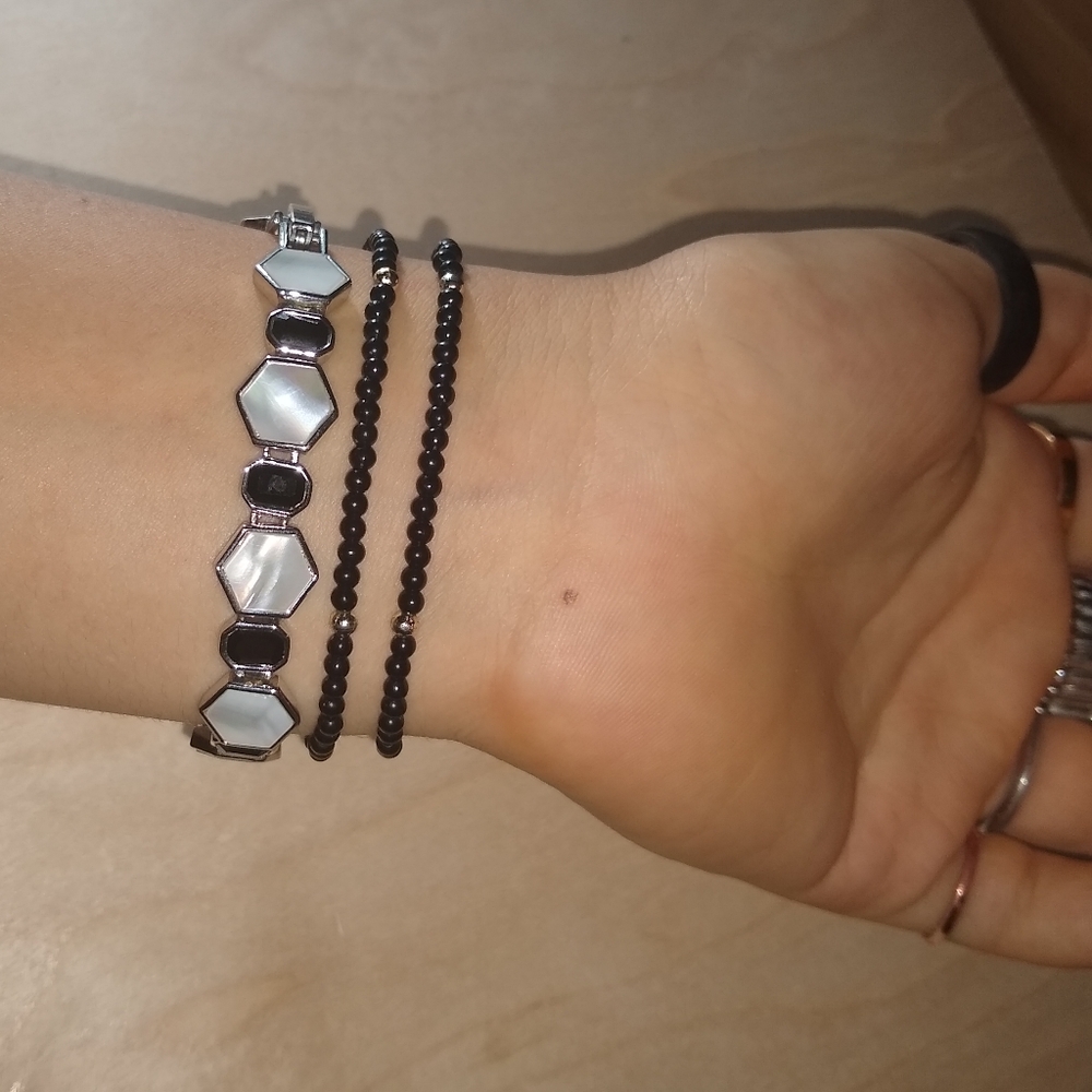 3pc. Set Bracelets Black Silver Beads Geometric